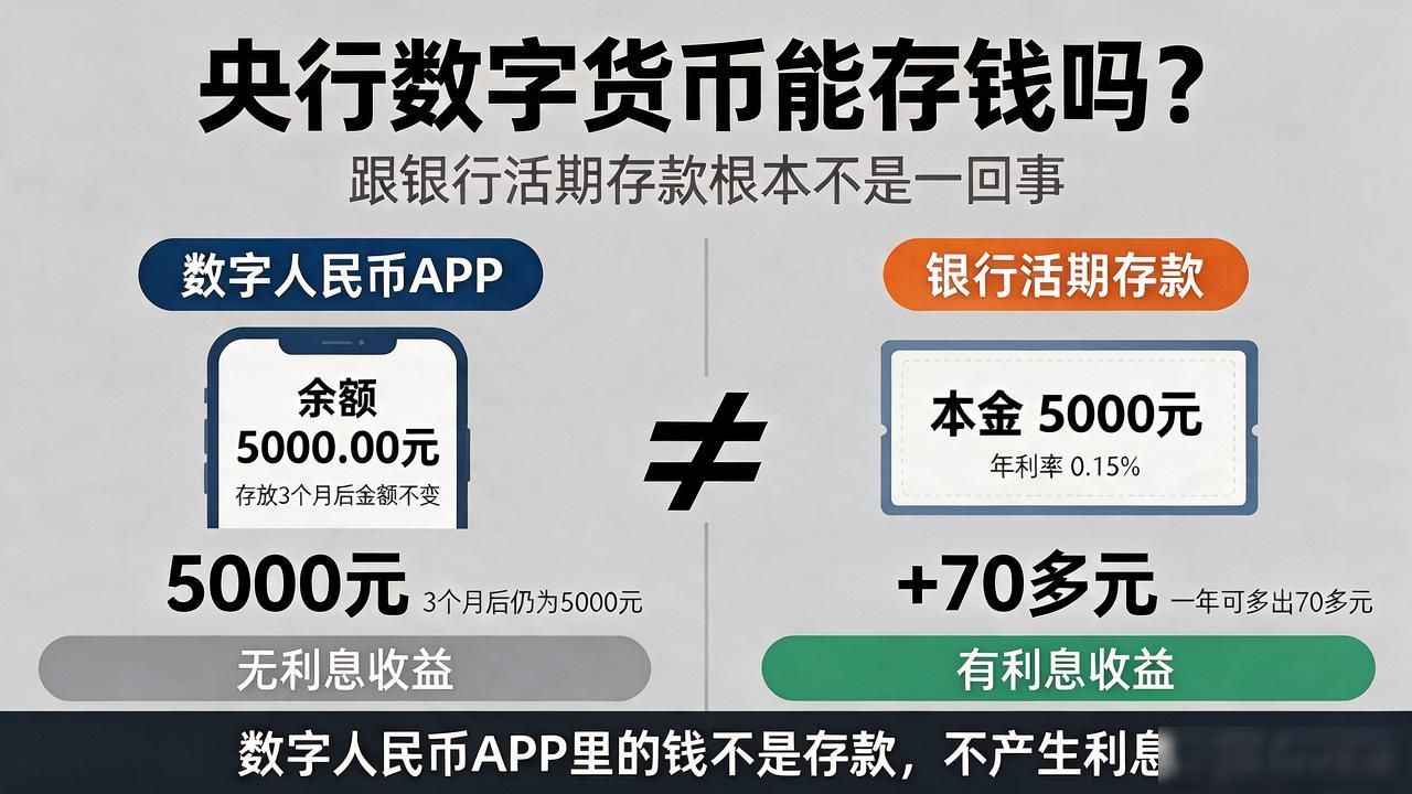 数字人民币与银行存款区别_央行数字货币能存钱吗_数字人民币不能生息