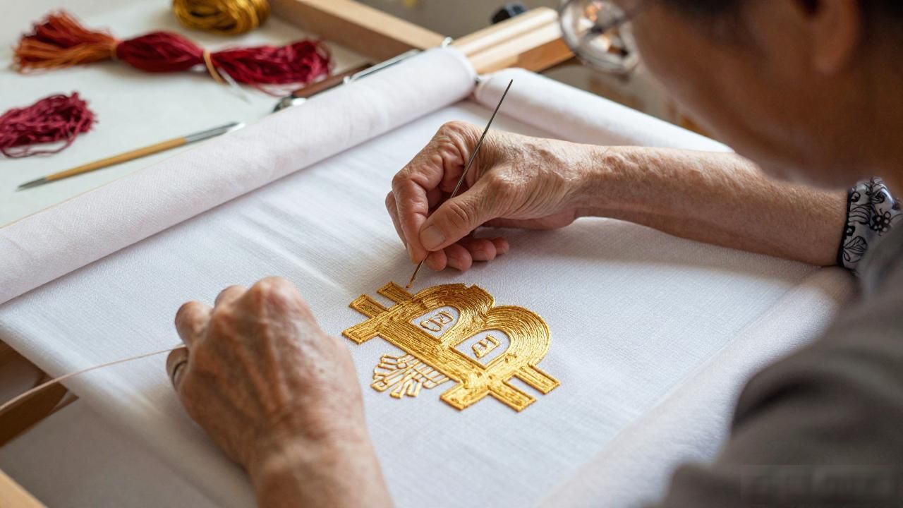 数字货币刺绣定制_传统绣刻工艺结合区块链元素_绣刻数字货币